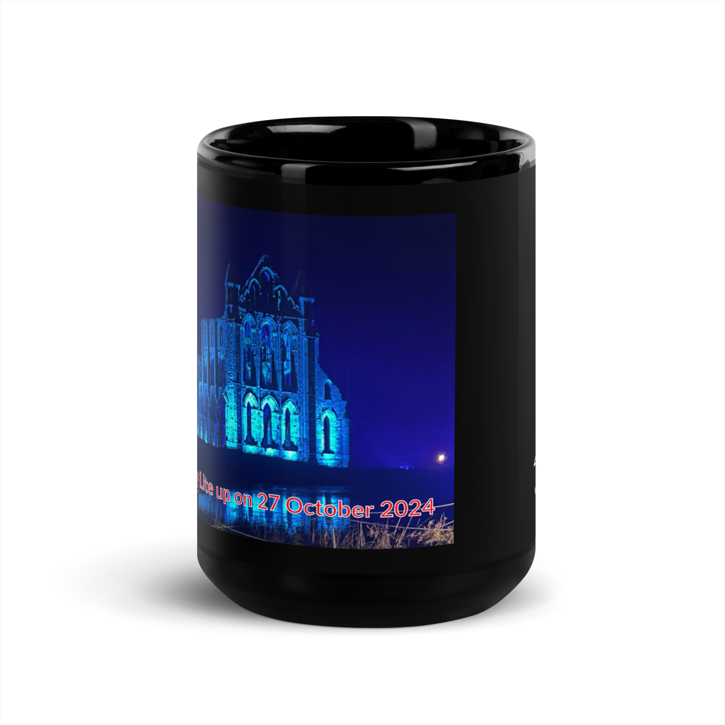 Whitby Abby on Black Glossy Mug